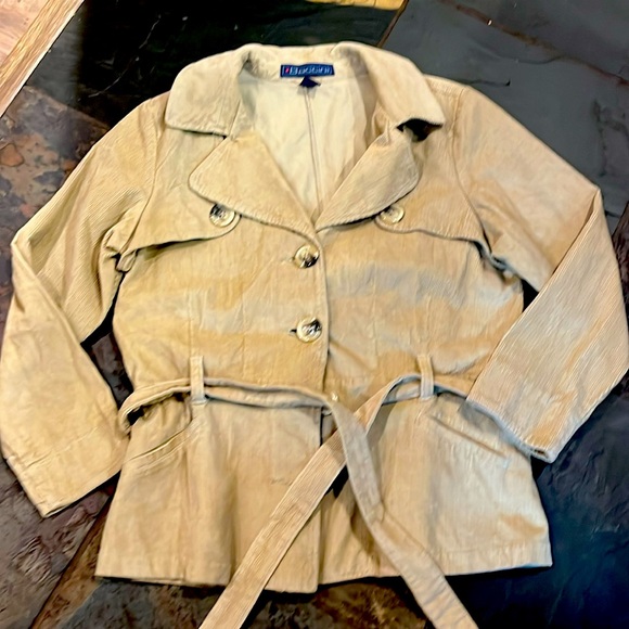 Corduroy tan JACKET women 1X Button Up tie belt notched collar short trench coat - Picture 1 of 14
